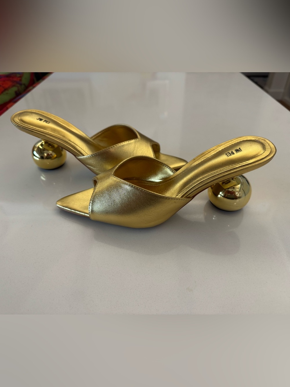 *WORN ONCE* JW PEI Gold Metallic Open-Toe Sculpted Ball Heel Mules